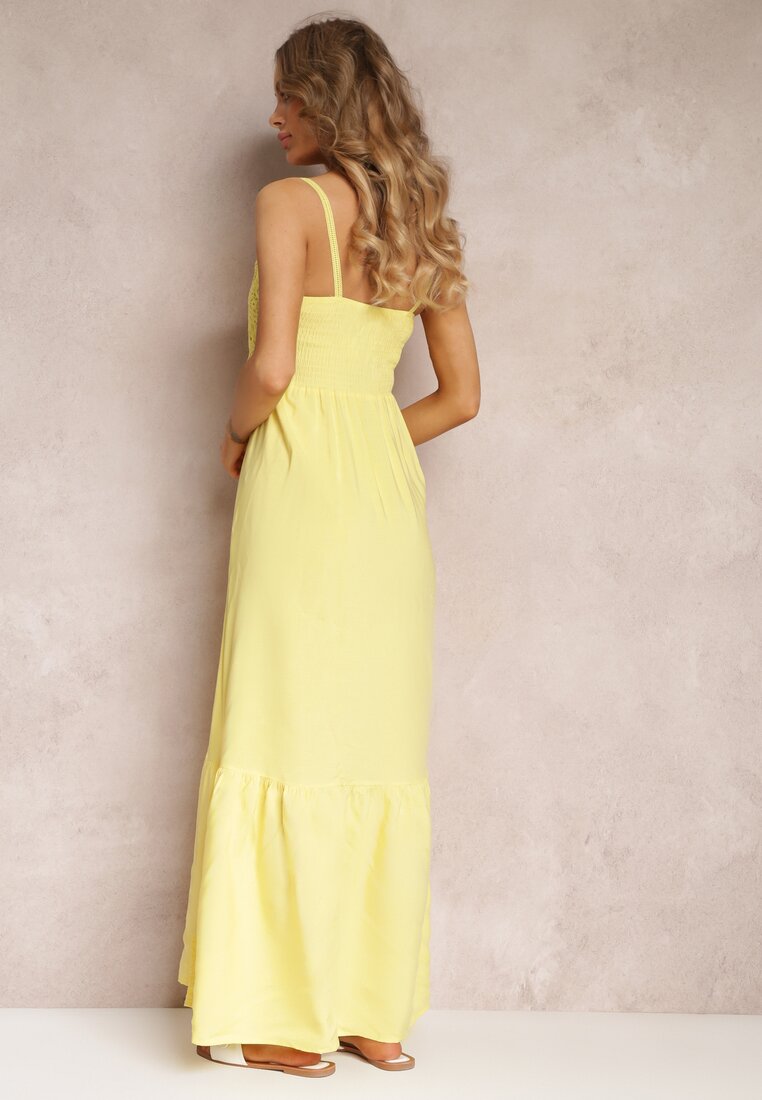 Żółta Rozkloszowana Sukienka Maxi na Cienkich Ramiączkach z Ażurową Górą Batri