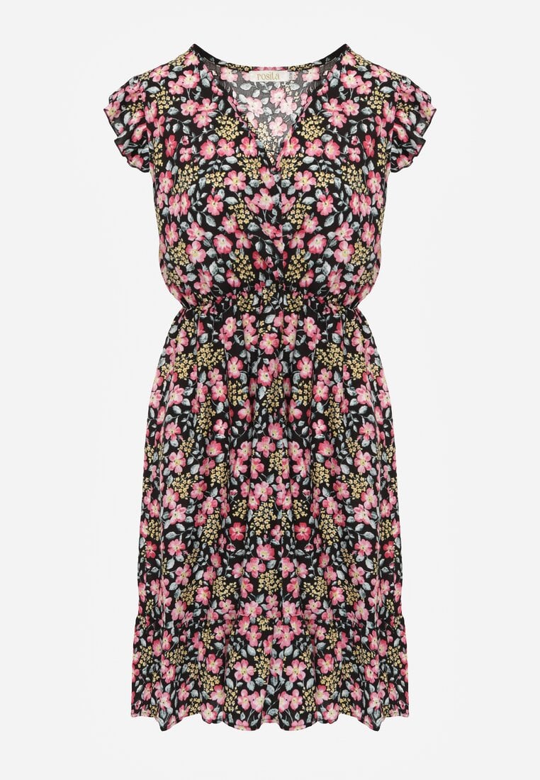 Rochie Neagră Cloșată cu Flori din Viscoză Selesima