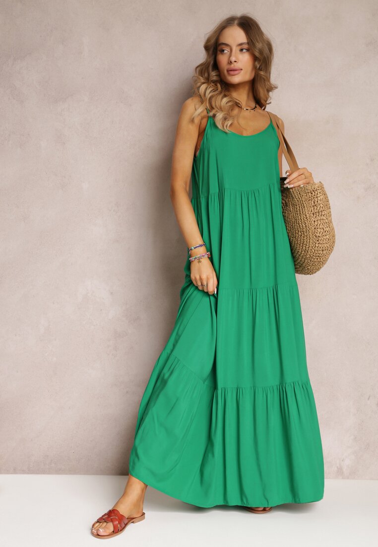 Zielona Sukienka Maxi z Wiskozy na Ramiączkach Avaja
