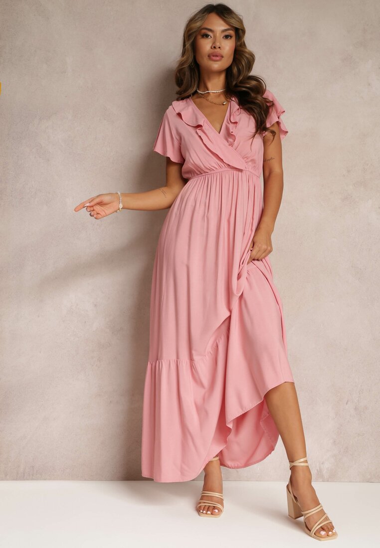Różowa Sukienka Maxi z Kopertowym Dekoltem i Gumką w Talii Broka