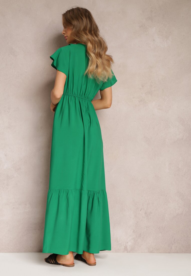 Zielona Sukienka Maxi z Kopertowym Dekoltem i Gumką w Talii Broka