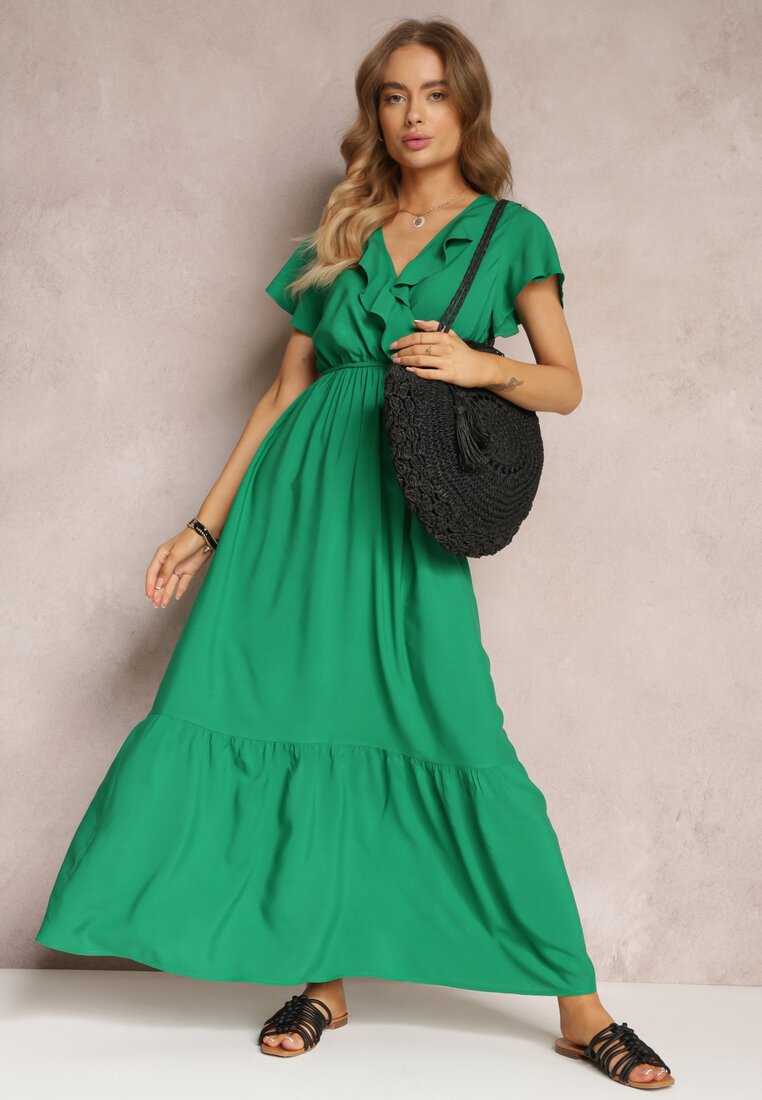 Zielona Sukienka Maxi z Kopertowym Dekoltem i Gumką w Talii Broka