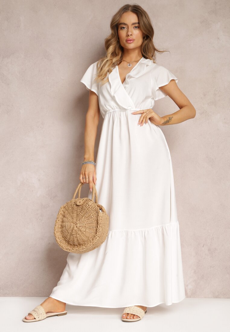 Biała Sukienka Maxi z Kopertowym Dekoltem i Gumką w Talii Broka