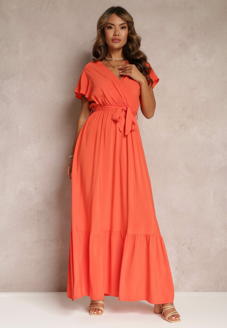 Pomarańczowa Rozkloszowana Sukienka Maxi z Gumką w Talii i Falbankami Tracia