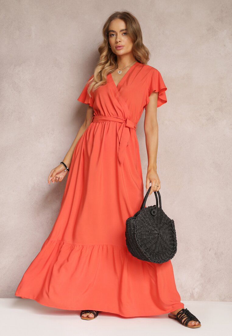 Pomarańczowa Rozkloszowana Sukienka Maxi z Gumką w Talii i Falbankami Tracia