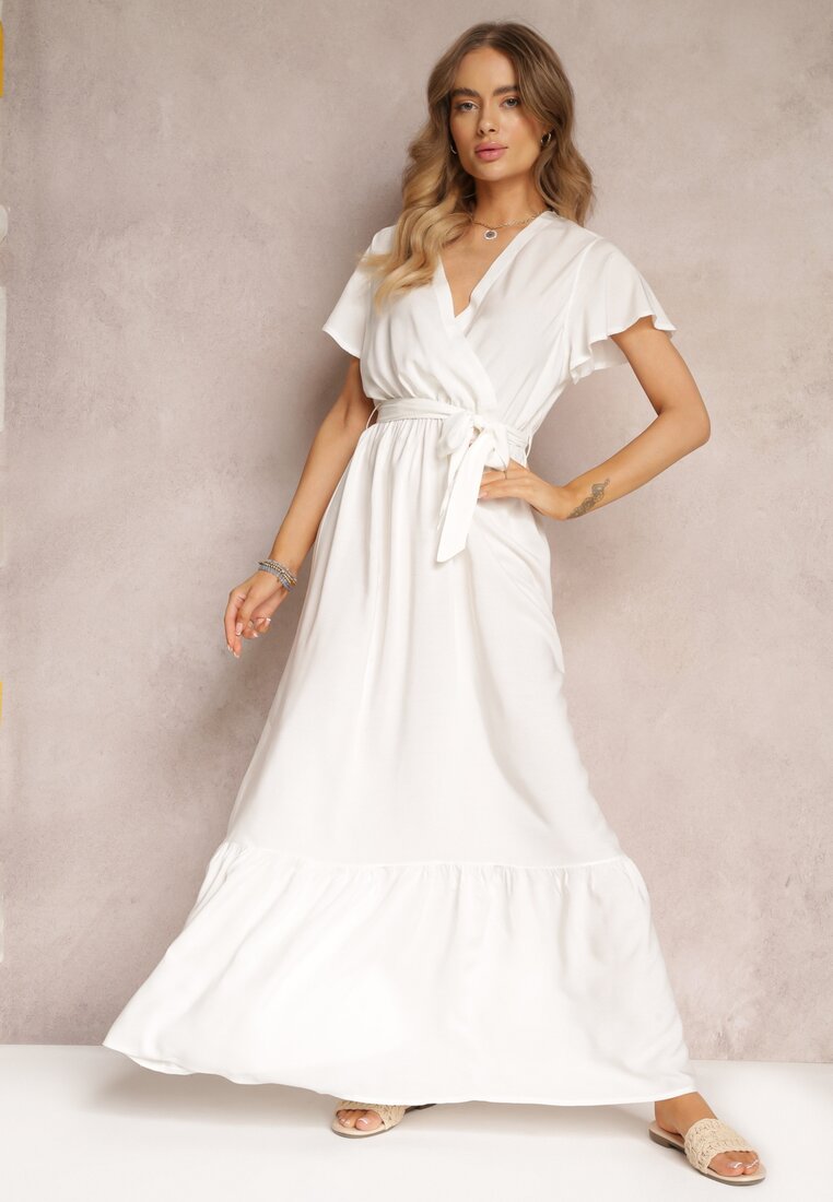 Biała Rozkloszowana Sukienka Maxi z Gumką w Talii i Falbankami Tracia