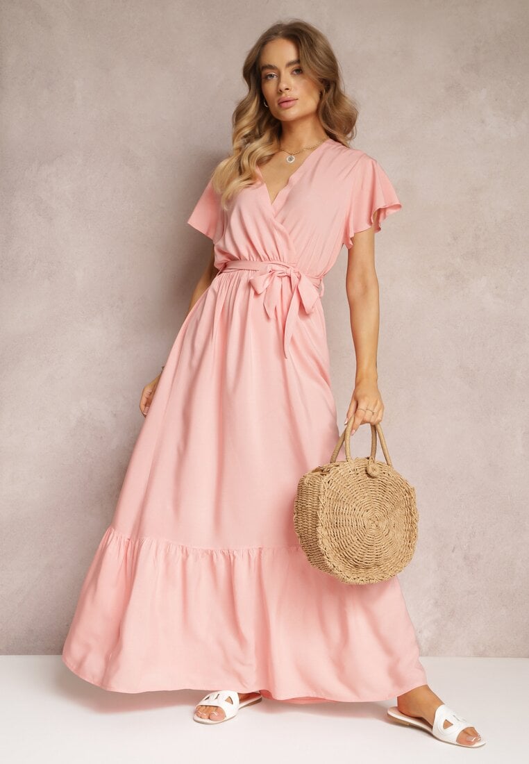 Różowa Rozkloszowana Sukienka Maxi z Gumką w Talii i Falbankami Tracia