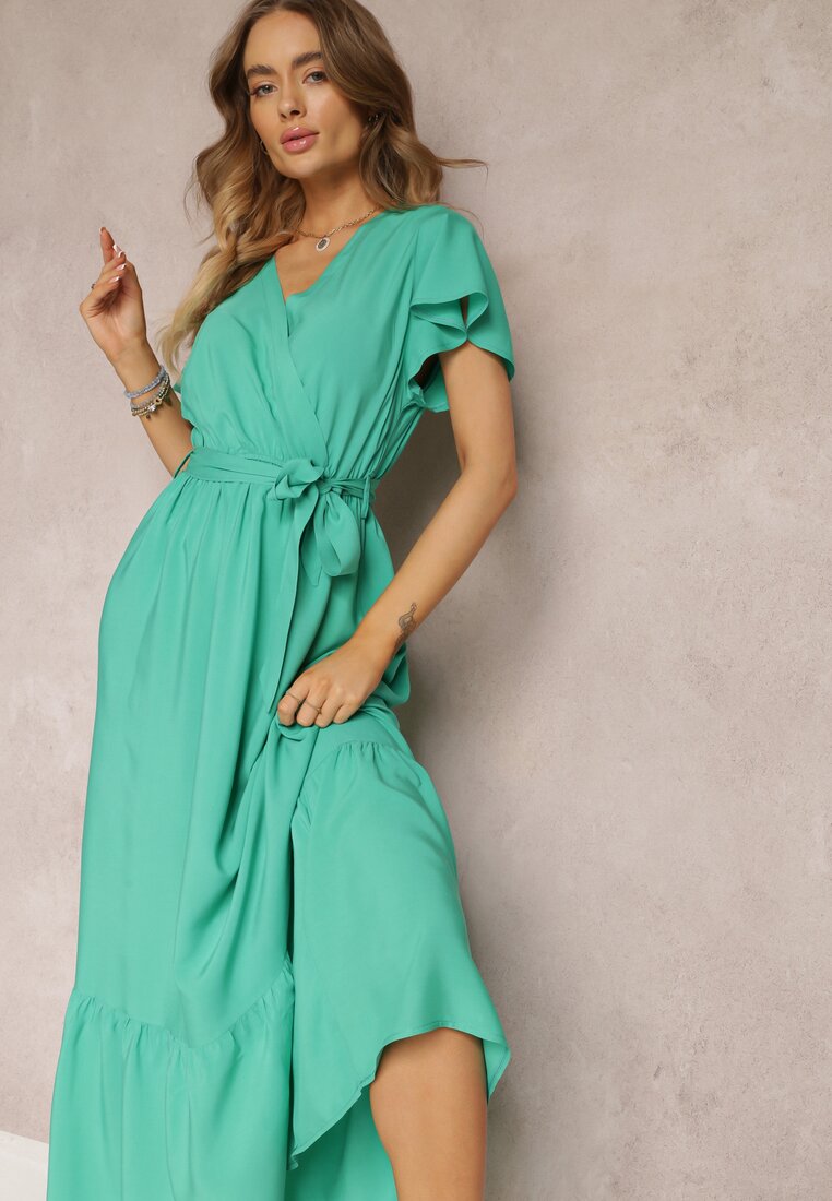 Zielona Rozkloszowana Sukienka Maxi z Gumką w Talii i Falbankami Tracia