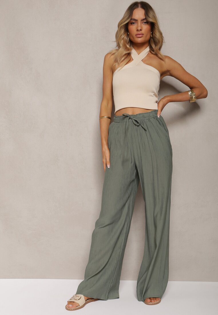 Pantaloni Verde Inchis din Material cu Elastic Creponat Pimpernel