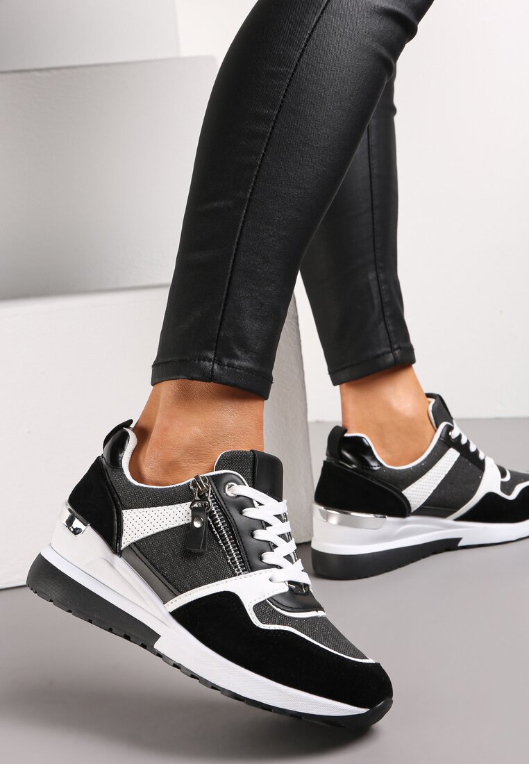 Czarne Sznurowane Sneakersy na Koturnie z Modnymi Przeszyciami i Suwakami Grisha