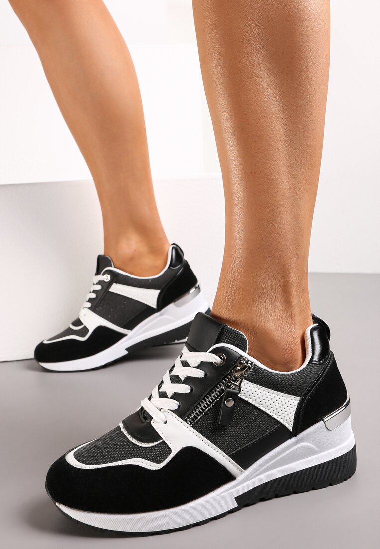 Czarne Sznurowane Sneakersy na Koturnie z Modnymi Przeszyciami i Suwakami Grisha