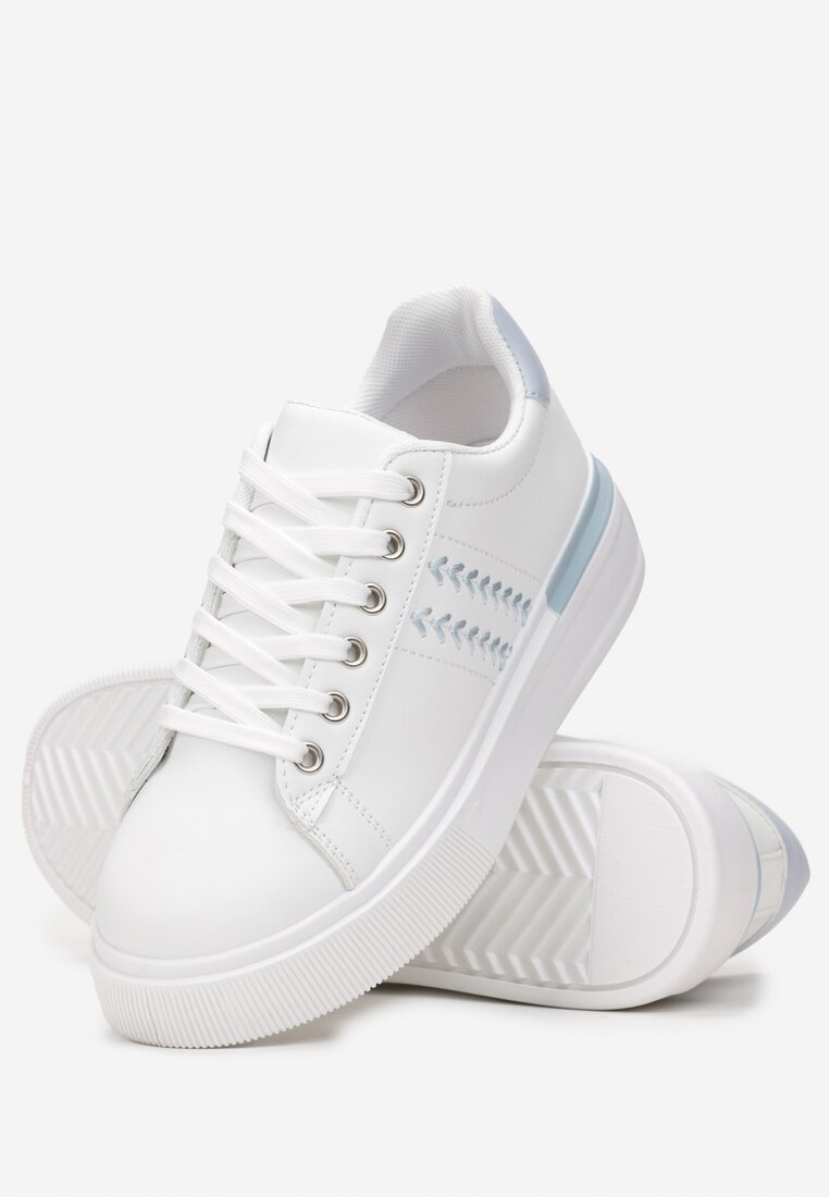 Biało-Jasnoniebieskie Sznurowane Sneakersy na Płaskiej Podeszwie z Cholewką przed Kostkę Faelanie
