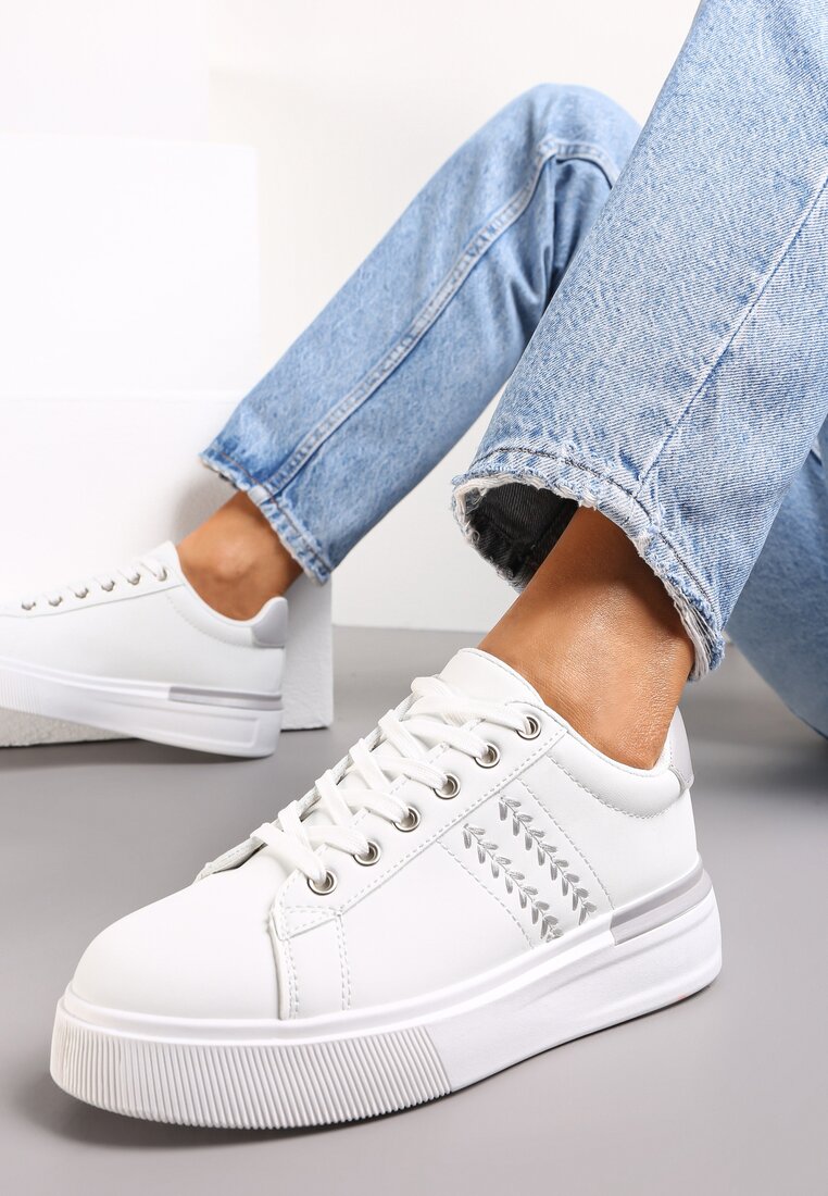 Biało-Szare Sznurowane Sneakersy na Płaskiej Podeszwie z Cholewką przed Kostkę Faelanie