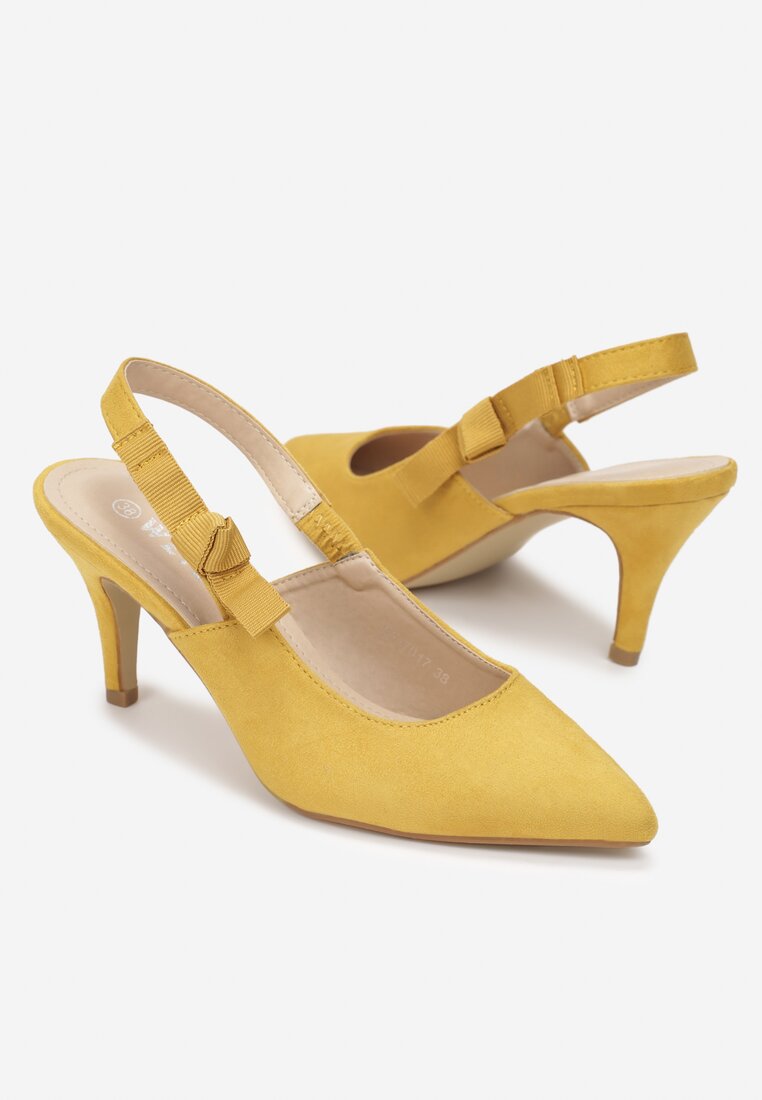 Żółte Sandały na Obcasie z Noskiem w Szpic z Imitacji Zamszu Ariaribel
