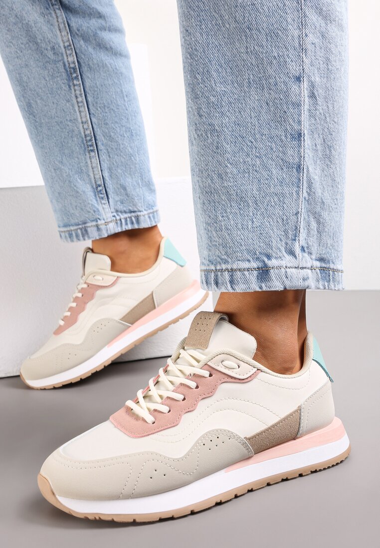 Biało-Różowe Sneakersy Zdobione Wstawkami z Imitacji Skóry Fayela