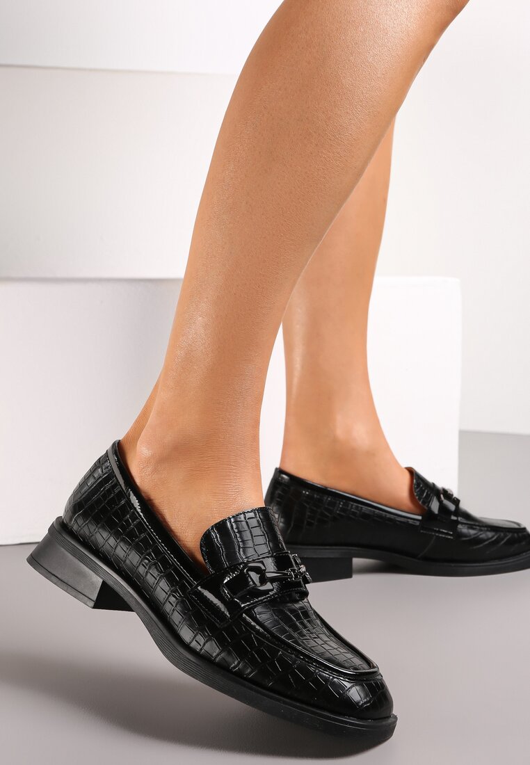 Mocasini Negri cu Imprimeu Piele Crocodil cu Ornament Metalic si Brant din Piele Kareph