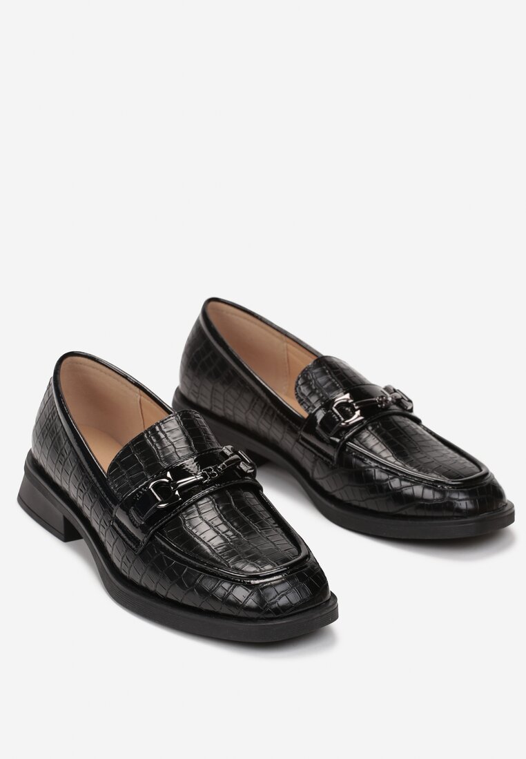 Mocasini Negri cu Imprimeu Piele Crocodil cu Ornament Metalic si Brant din Piele Kareph