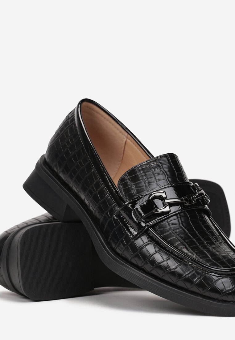 Mocasini Negri cu Imprimeu Piele Crocodil cu Ornament Metalic si Brant din Piele Kareph