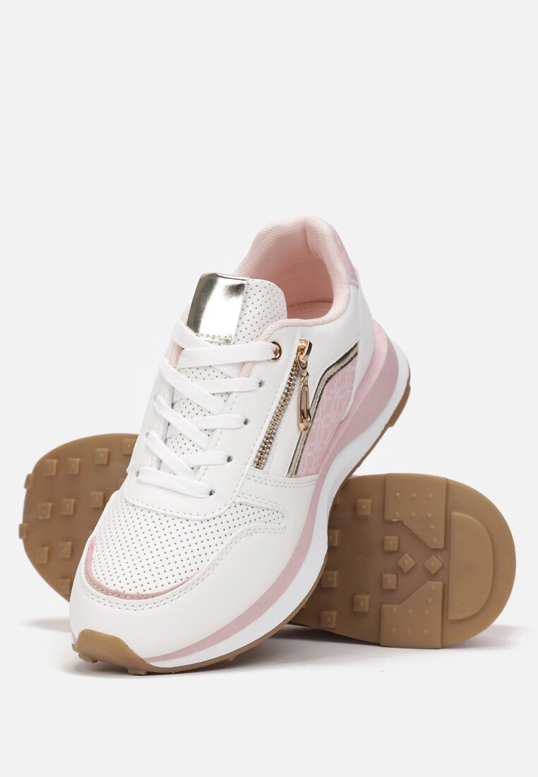 Biało-Różowe Sneakersy z Suwakiem i Metaliczną Wstawką Jolei