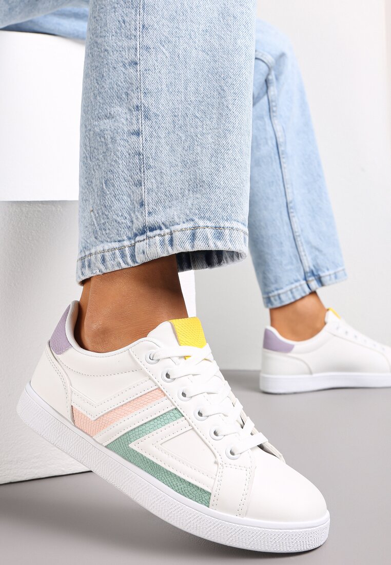 Biało-Miętowe Sznurowane Sneakersy na Płaskiej Podeszwie z Kolorowymi Wstawkami Karera