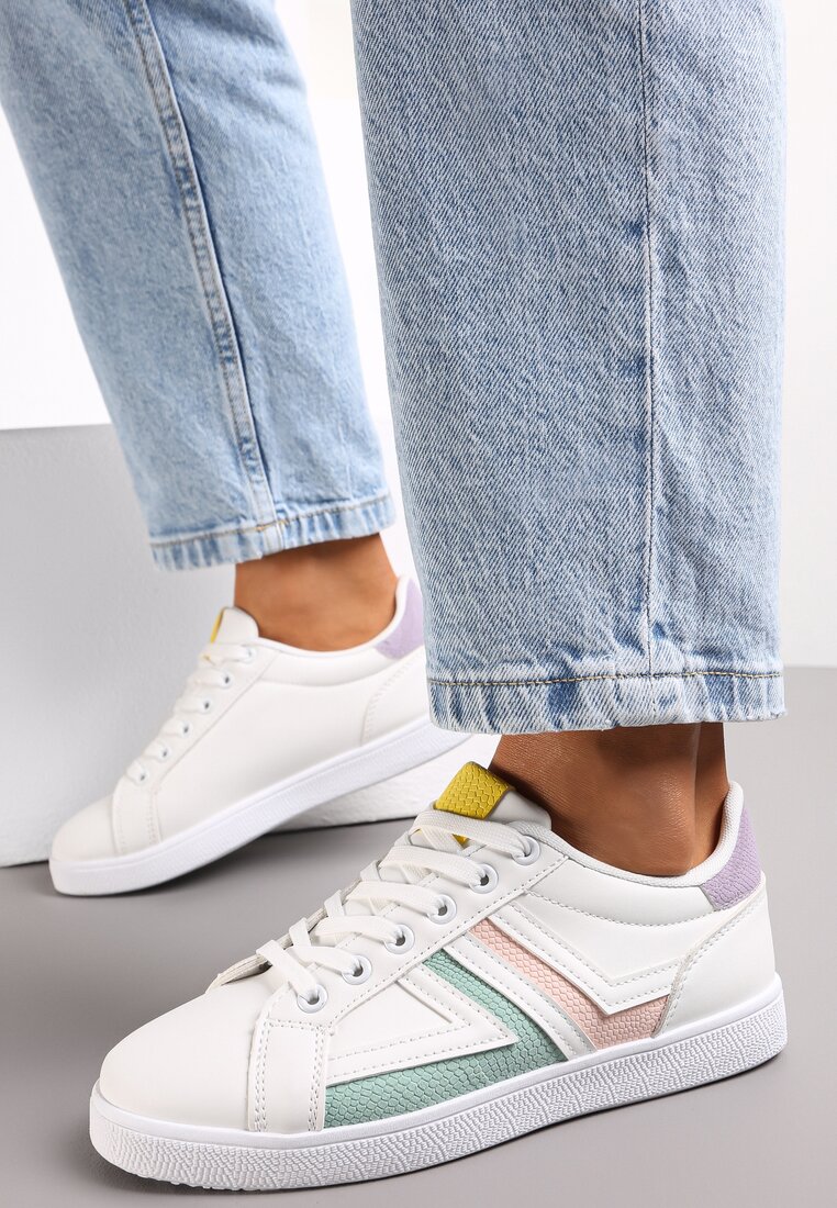 Biało-Miętowe Sznurowane Sneakersy na Płaskiej Podeszwie z Kolorowymi Wstawkami Karera