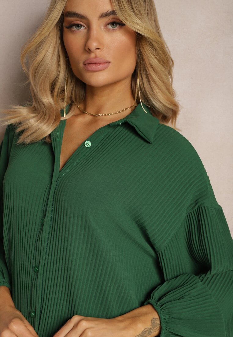 Rochie midi verde închis plisată cu guler și nasturi Danitza