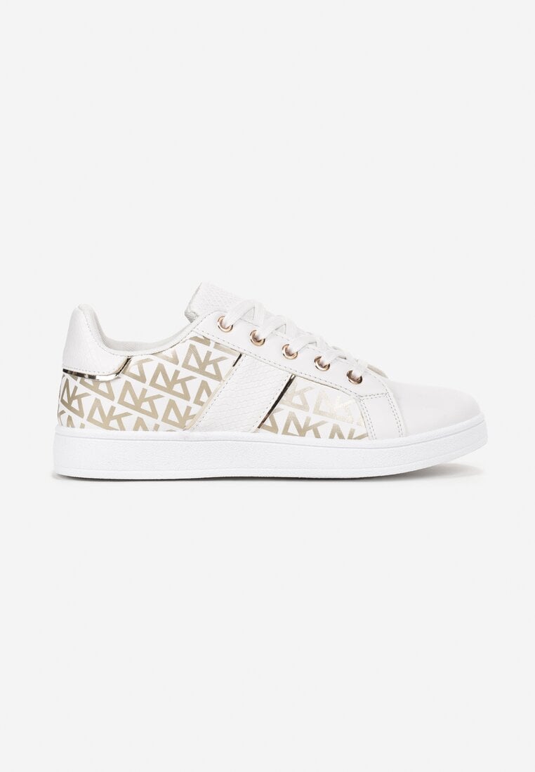 Biało-Złote Sznurowane Sneakersy z Metalicznym Nadrukiem Raynia