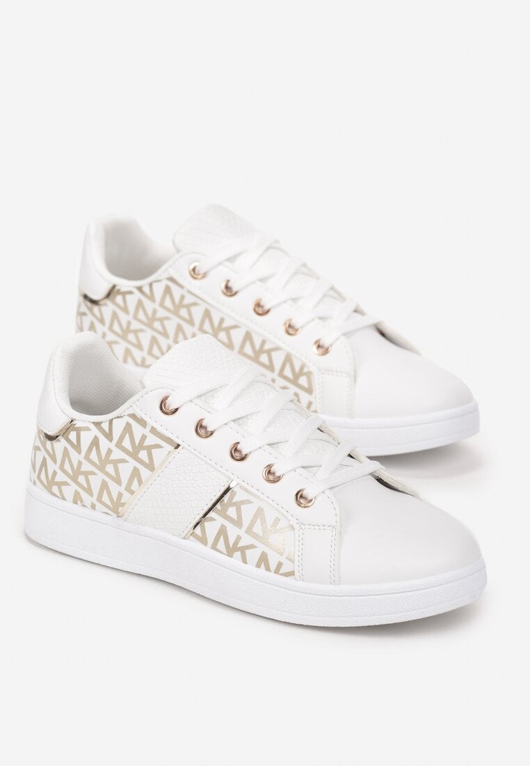 Biało-Złote Sznurowane Sneakersy z Metalicznym Nadrukiem Raynia