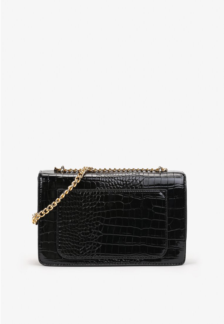 Czarna Lakierowana Torebka z Tłoczeniem Krokodylej Skóry na Łańcuszku Azza