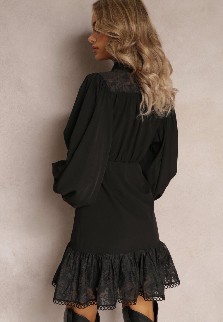Czarna Rozkloszowana Sukienka Mini z Szerokimi Rękawami i Wiązaniem przy Dekolcie Pesy