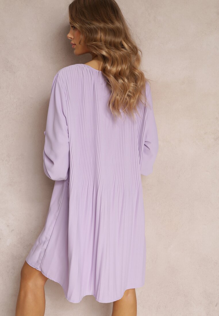 Fioletowa Plisowana Sukienka Mini z Długimi Rękawami Oversize Ticini