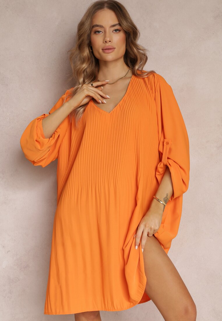 Pomarańczowa Plisowana Sukienka Mini z Długimi Rękawami Oversize Ticini