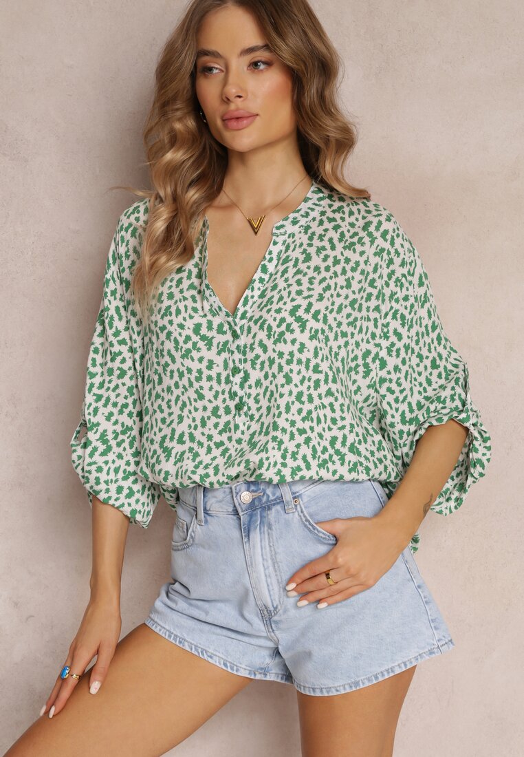 Bluză Verde Extensibilă cu Flori cu Mânecă 3/4 din Viscoză Alethi