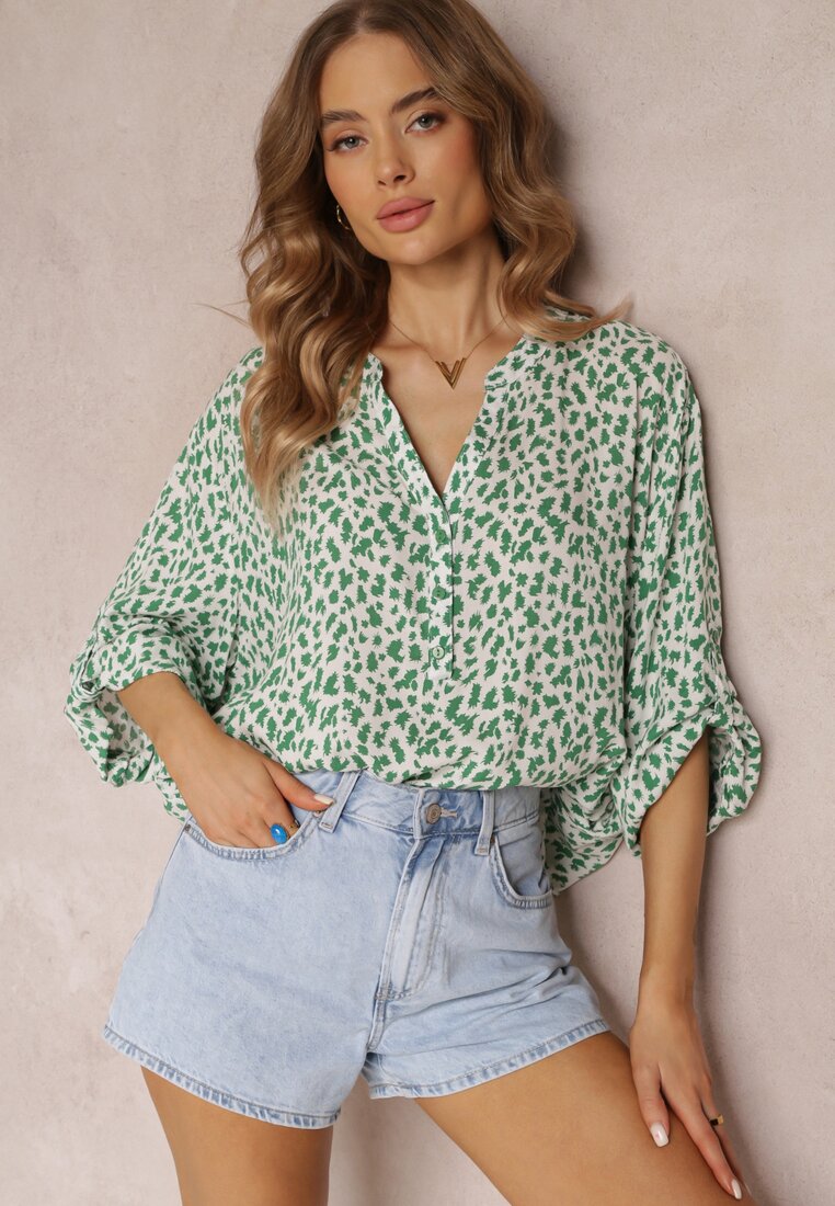 Bluză Verde Extensibilă cu Flori cu Mânecă 3/4 din Viscoză Alethi
