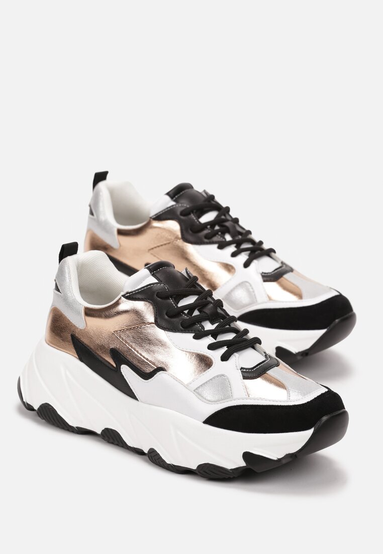 Złote Sznurowane Sneakersy na Grubej Podeszwie z Ozdobnymi Wstawkami Melithia
