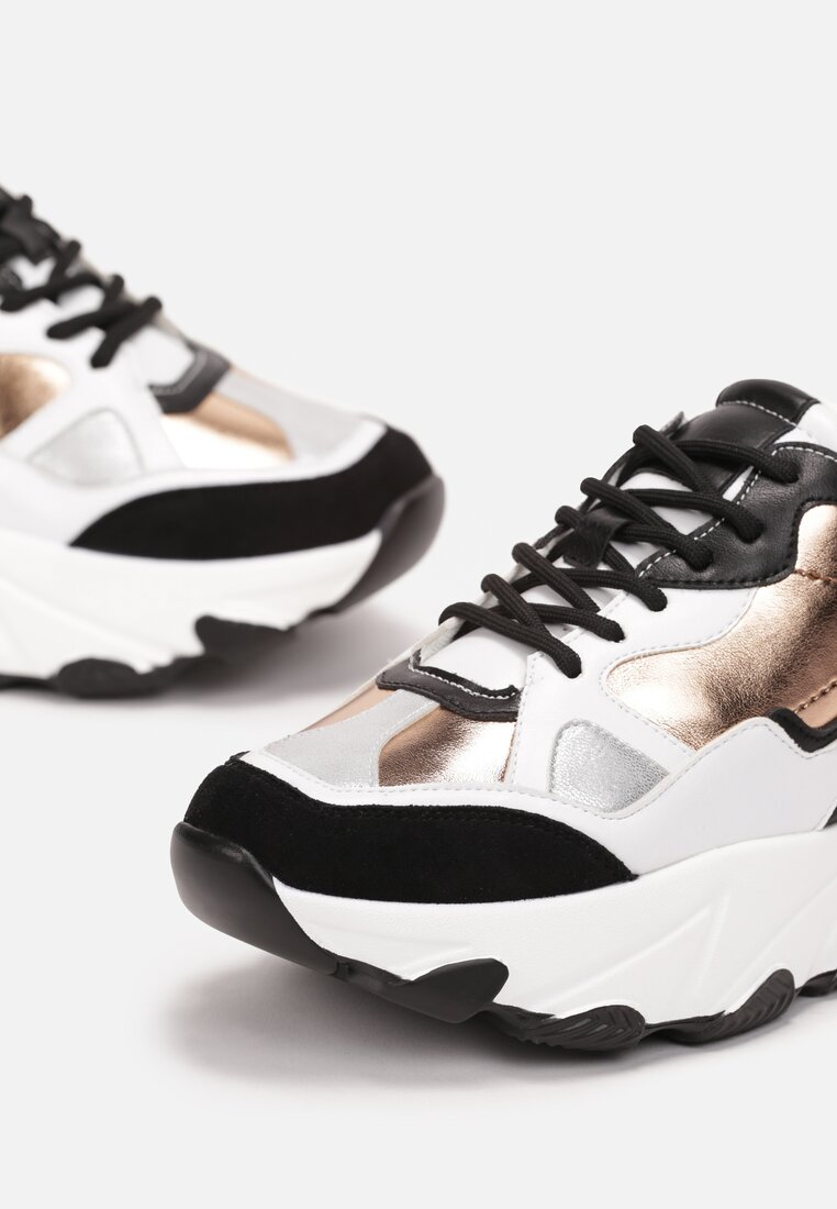 Złote Sznurowane Sneakersy na Grubej Podeszwie z Ozdobnymi Wstawkami Melithia