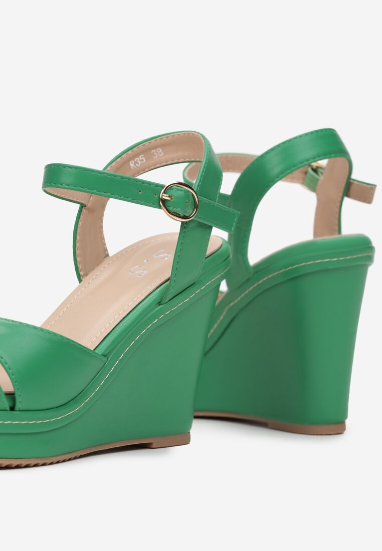 Zielone Sandały z Otwartym Noskiem na Koturnie Odethia