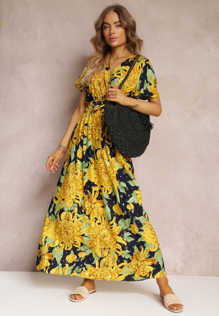 Żółto-Granatowa Wiskozowa Sukienka Maxi z Kopertowym Dekoltem z Gumką w Talii Lynette