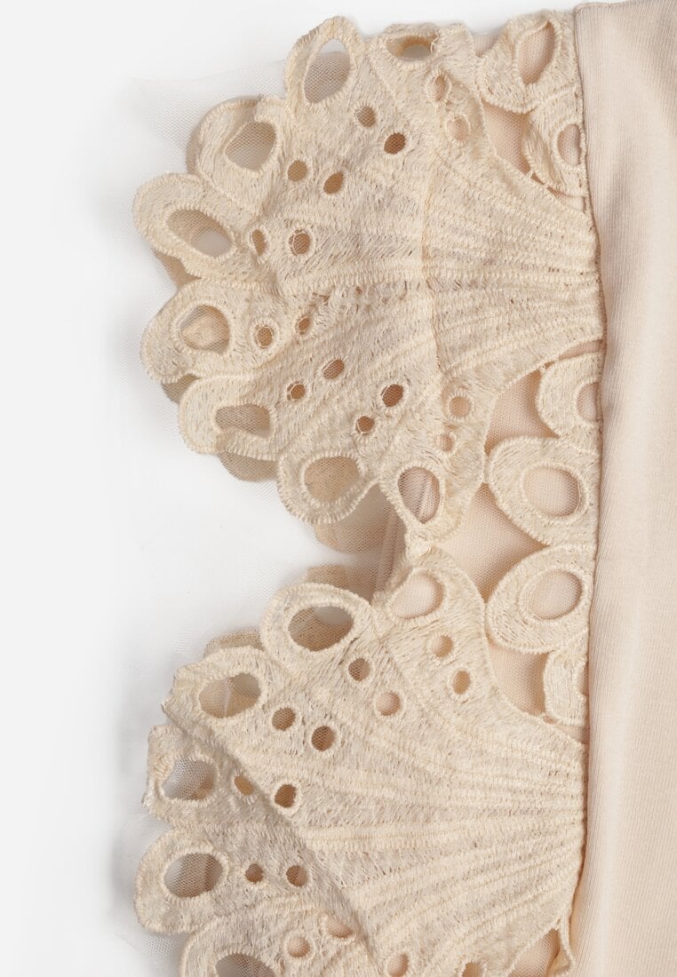 Jasnobeżowy Top z Bawełny z Ozdobną Koronką  Adexis