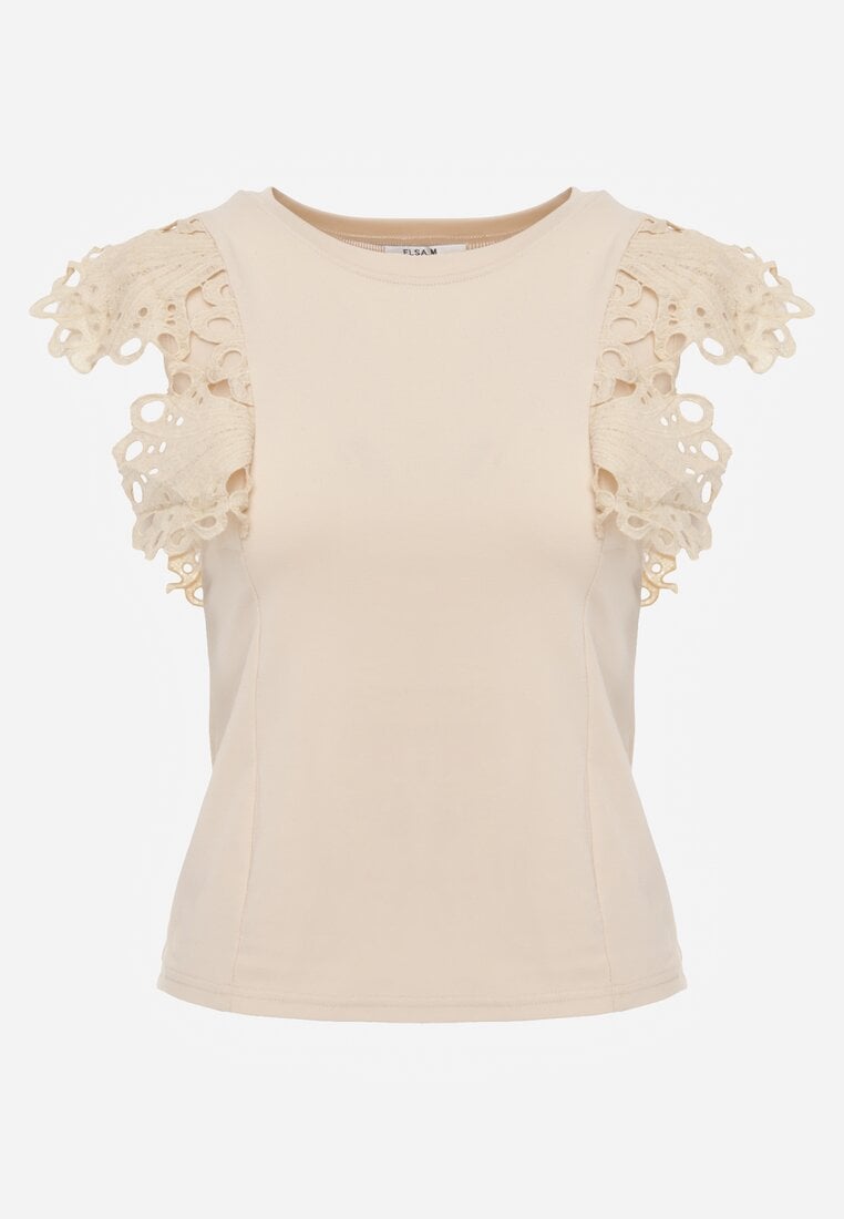 Jasnobeżowy Top z Bawełny z Ozdobną Koronką  Adexis