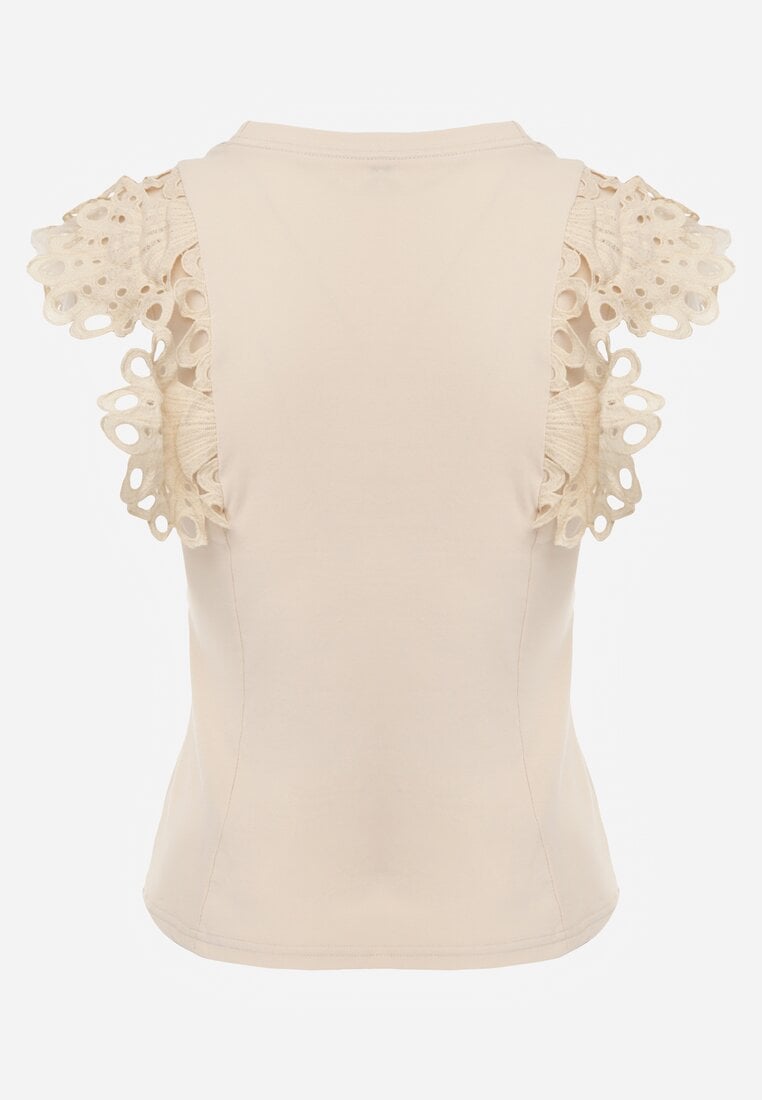 Jasnobeżowy Top z Bawełny z Ozdobną Koronką  Adexis
