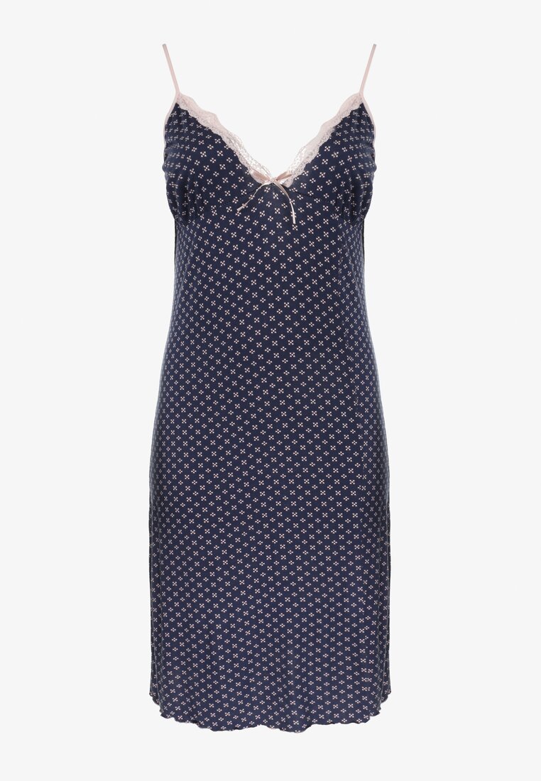 Granatowa Wzorzysta Koszula Nocna z Koronkowym Dekoltem Shylah