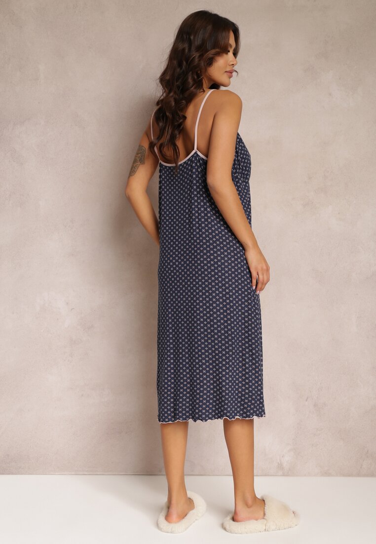 Granatowa Wzorzysta Koszula Nocna z Koronkowym Dekoltem Shylah