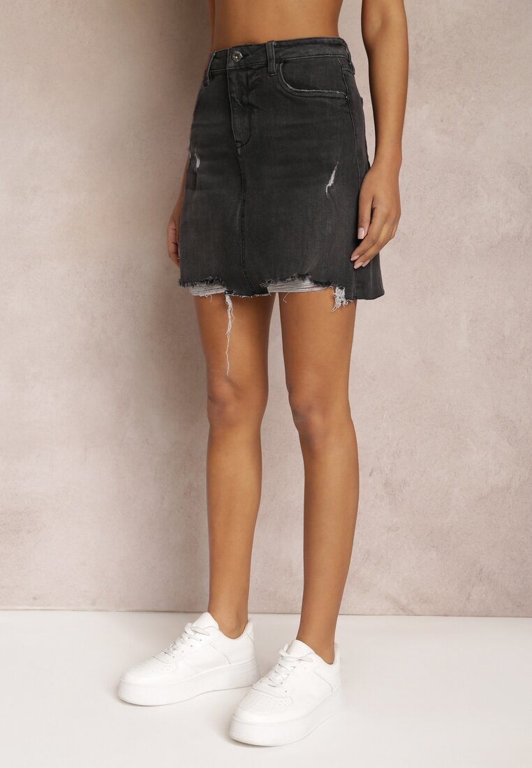 Czarna Spódnica Mini z Jeansu z Przetarciami Evaluna