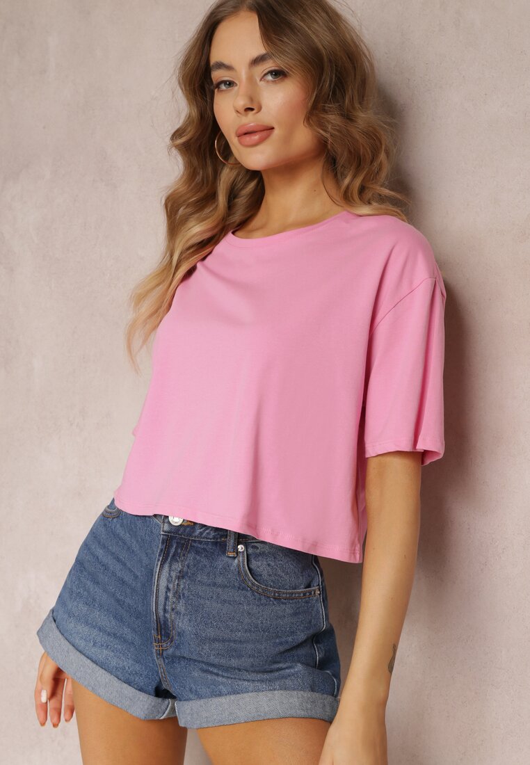 Różowy T-shirt o Fasonie Cropped Oversize Brighta