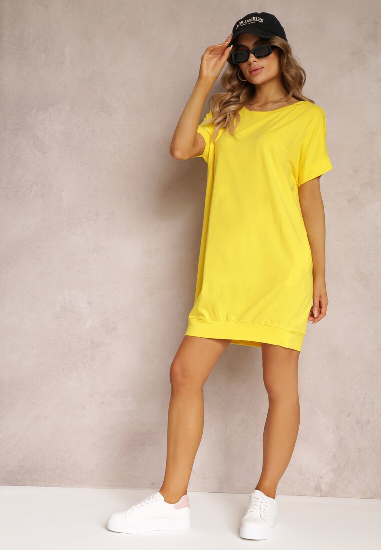 Żółta Bawełniana Sukienka T-shirt Mini o Oversizowym Fasonie Charlea
