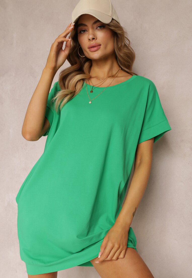 Zielona Bawełniana Sukienka T-shirt Mini o Oversizowym Fasonie Charlea