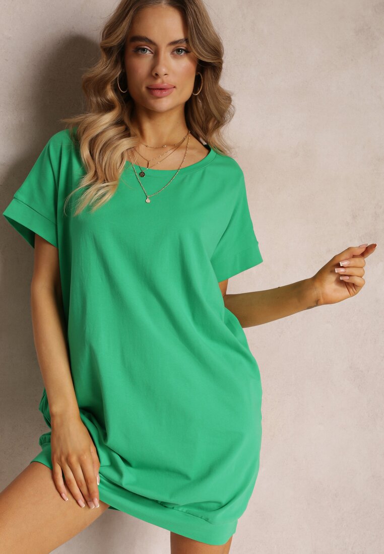 Zielona Bawełniana Sukienka T-shirt Mini o Oversizowym Fasonie Charlea