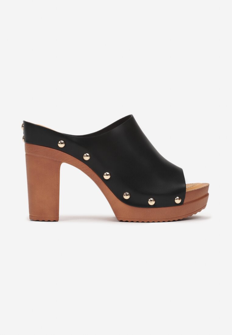 Czarne Klapki Drewniaki na Słupowym Obcasie i Platformie z Nitami Kathlyn