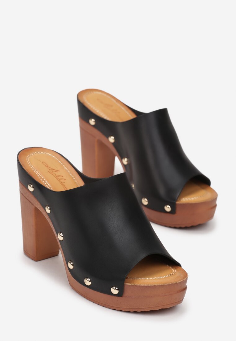 Czarne Klapki Drewniaki na Słupowym Obcasie i Platformie z Nitami Kathlyn